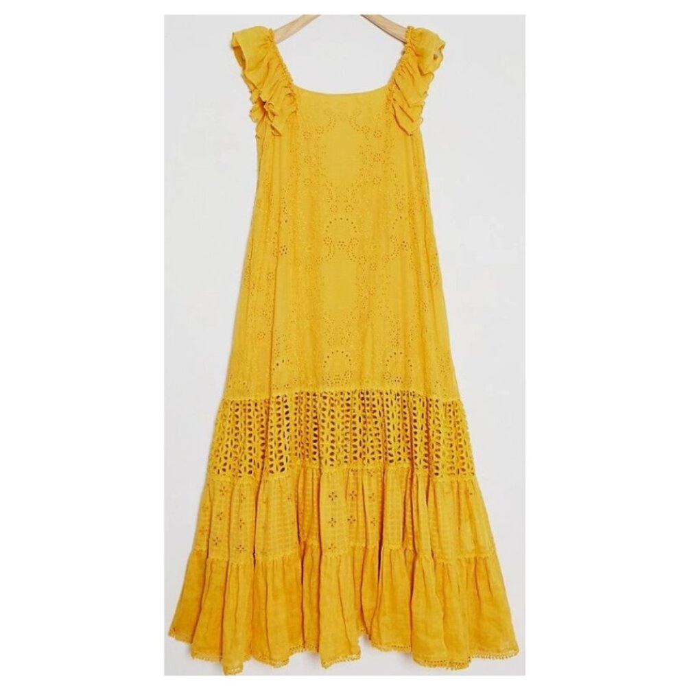 PAYAL JAIN Eyelet Floral Embroidery 100% Cotton Maxi Dress Size-14 Yellow
